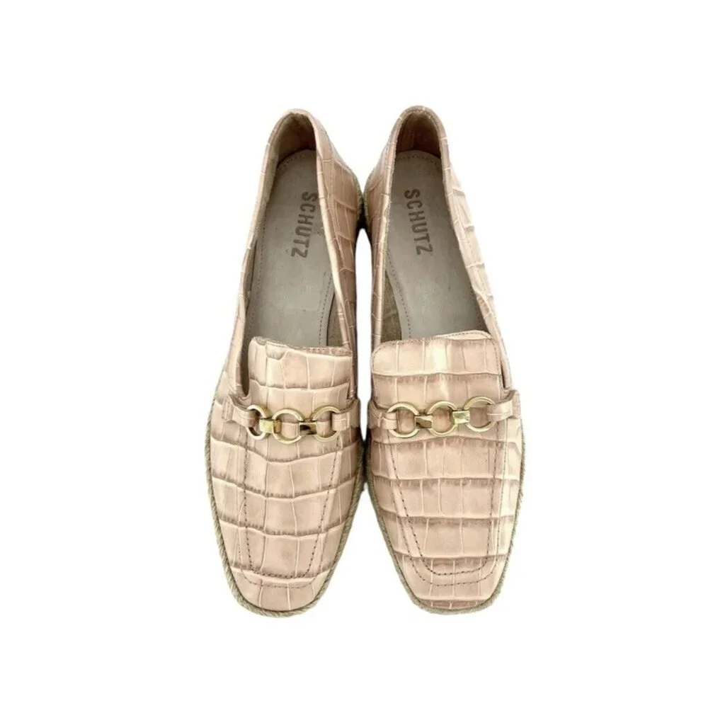 Schutz Women's Loafers Patty Crocodile Embossed Pink Leather Flats SZ 9 NEW